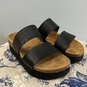 Office girl, Made in Spain, leather embossed platform sandals, size 6.